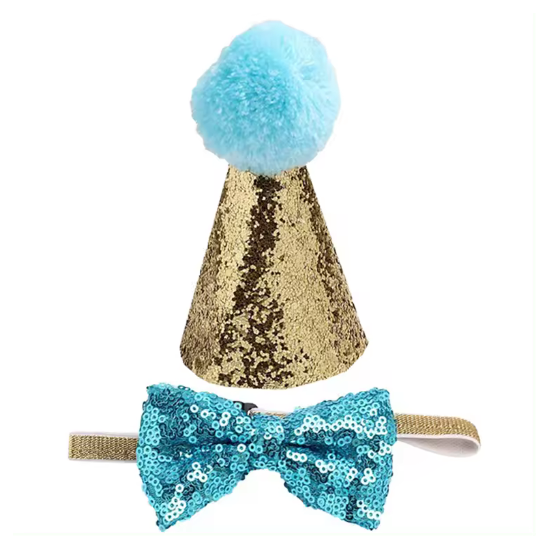 Glitter Birthday Dog Hat and Bow Tie - Blue