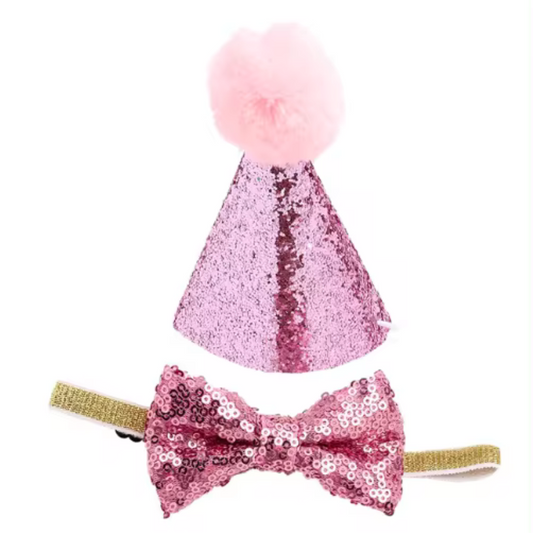 Glitter Birthday Dog Hat and Bow Tie - Pink