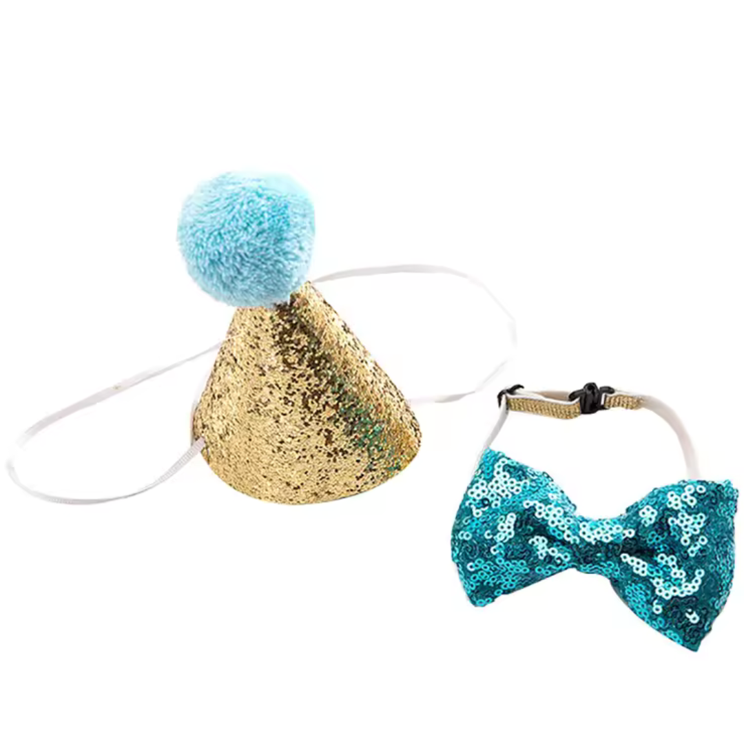 Glitter Birthday Dog Hat and Bow Tie - Blue